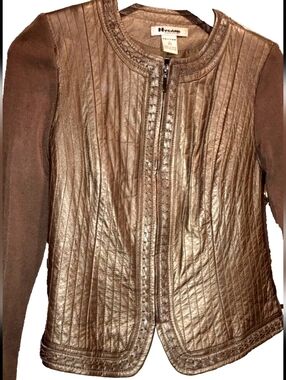 Nygård Stitched Leather Jacket, Metallic Gold Copper with Fabric Silky Sleeves S